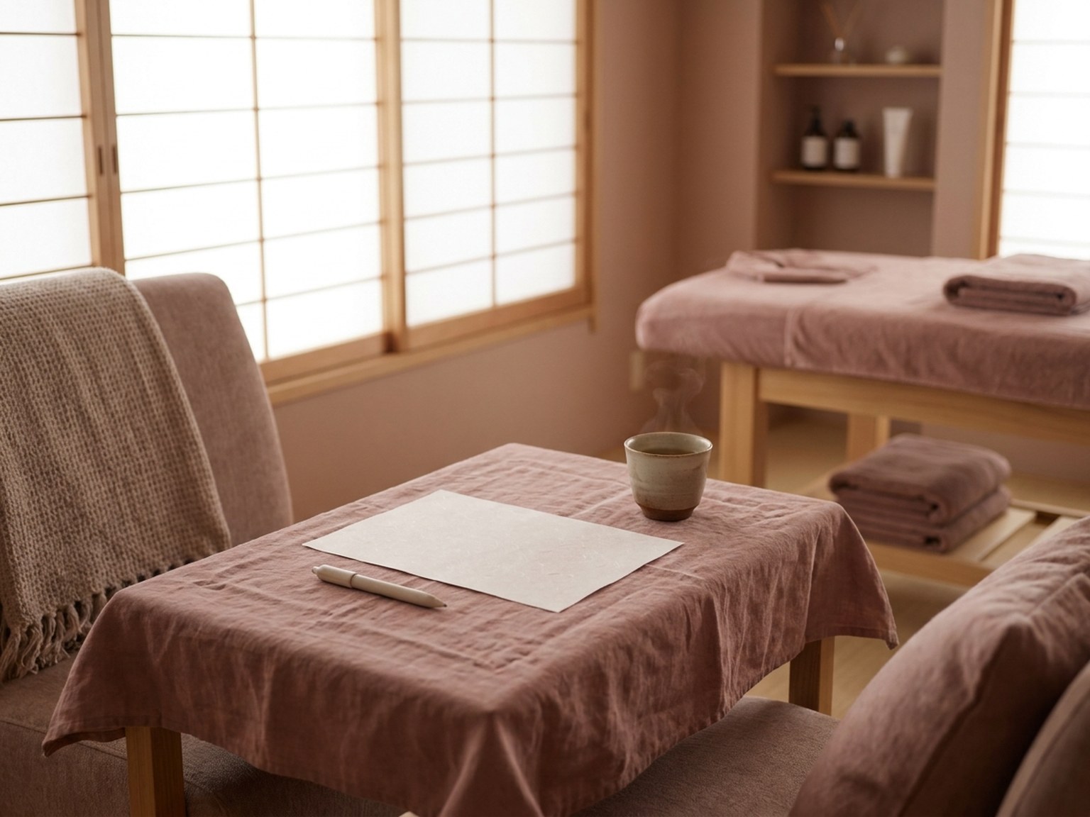 施術前に相談するテーブルと、奥に施術ベッドがある部屋のイメージ写真